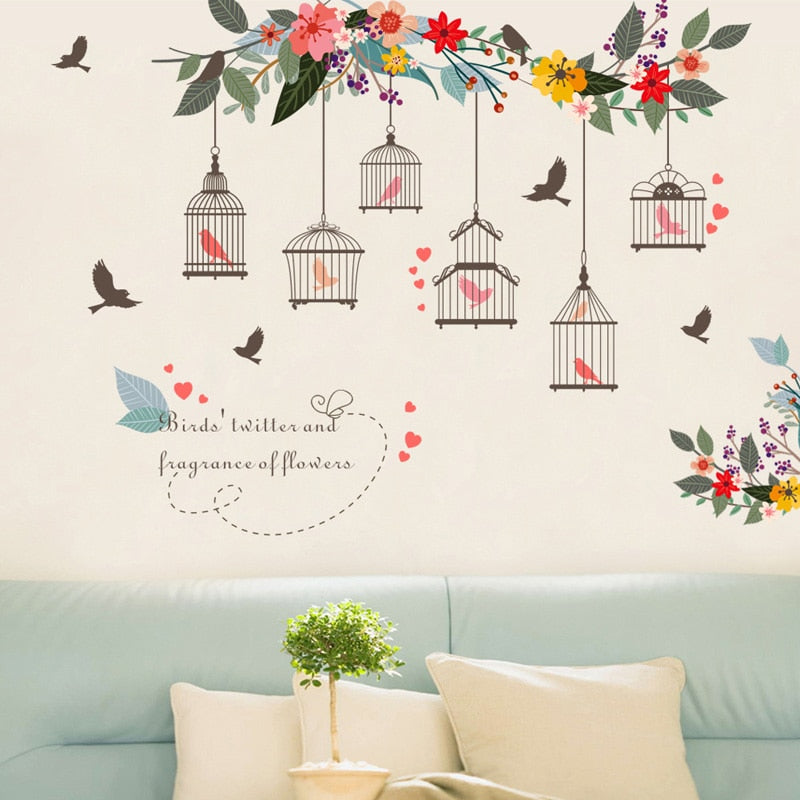Flower Vine Bird Cage Wall Sticker