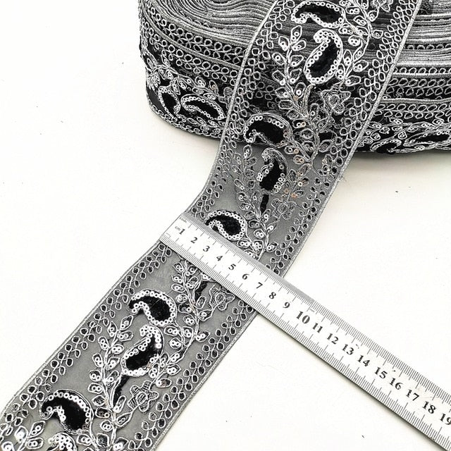 1 Yard Sequin Lace Trims Floral  Ribbon