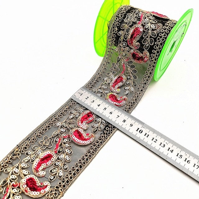 1 Yard Sequin Lace Trims Floral  Ribbon